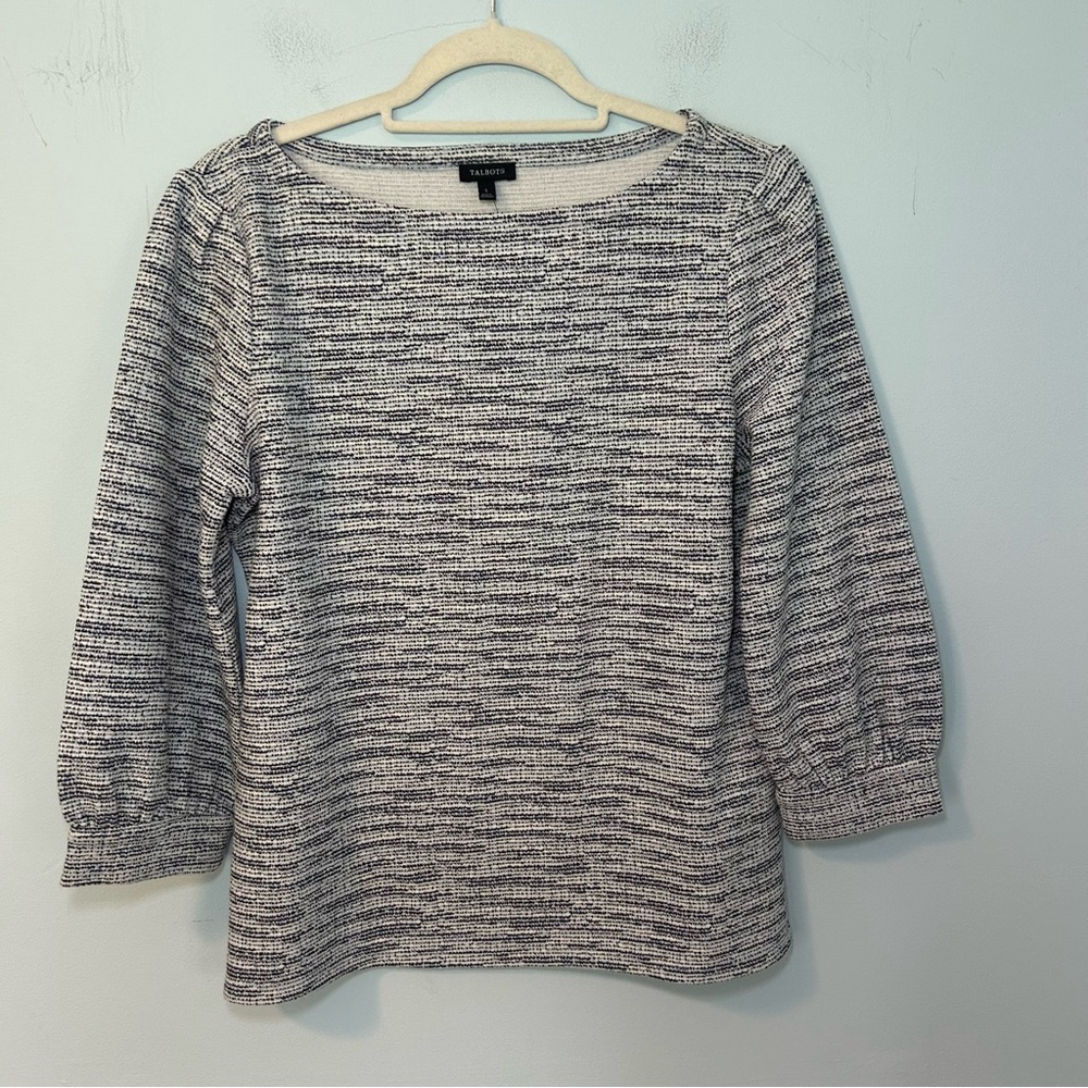 NWT Talbots Gray Tweed Textured Jacquard Bateau 3/4 Sleeve Neck Top Size Small